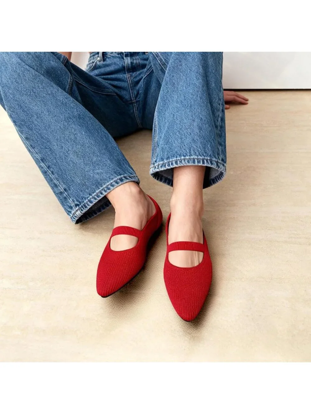 Women's Red Mary Jane Flats Pointed Toe Breathable Knit Slip On Flat Shoes
